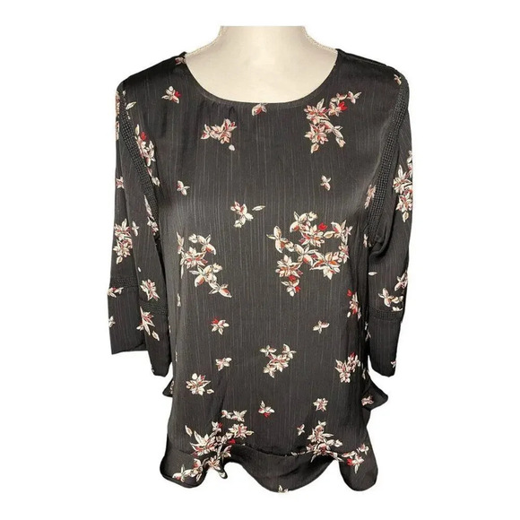 Apt. 9 Women’s Medium 3/4 Sleeve Black Ruffle Satin Floral Top - Picture 2 of 5